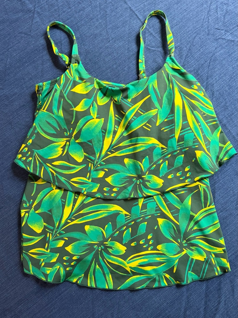 Lands End Small (6-8) Tropical Green/Yellow Tankini Top with Layered Ruffle EUC